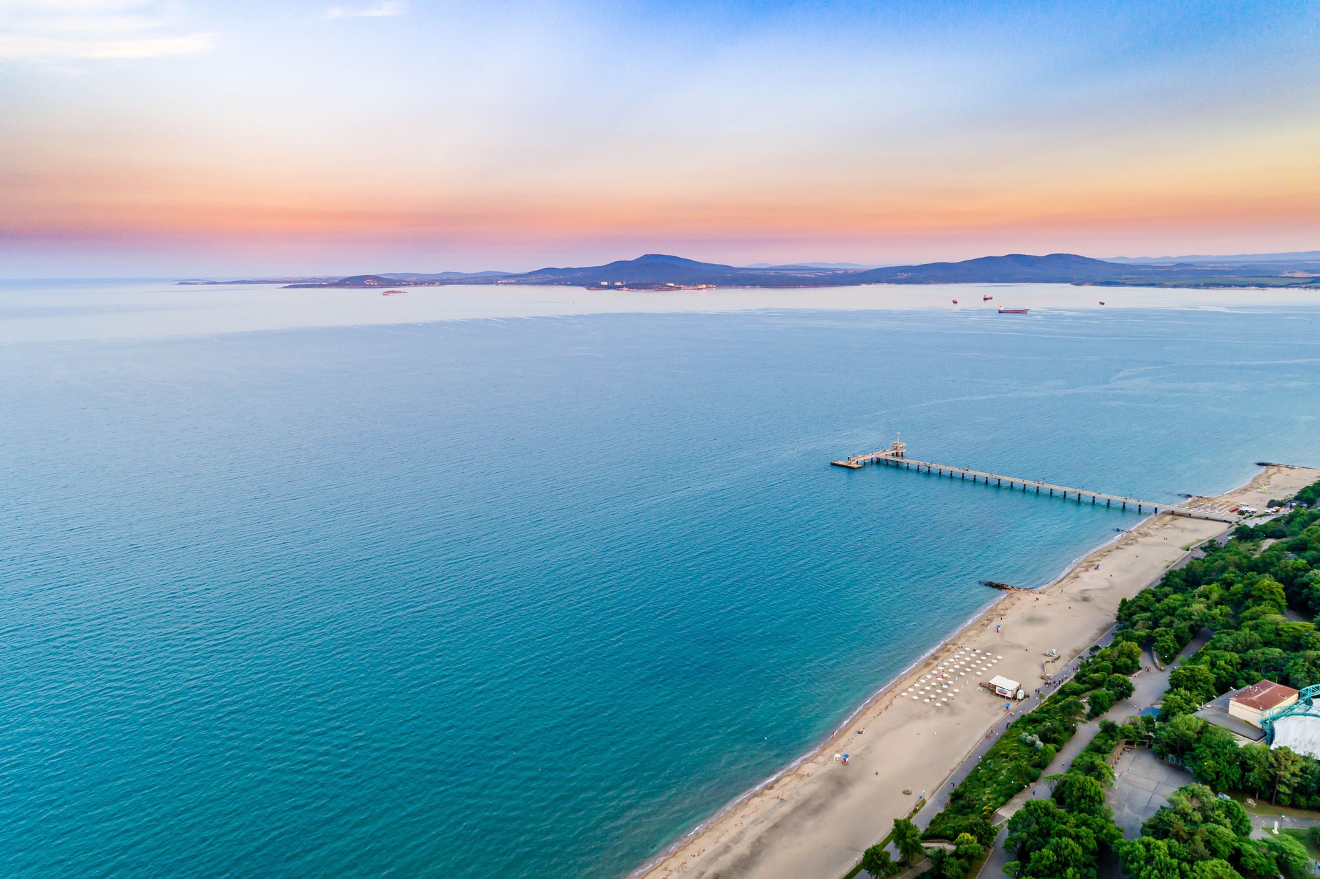 Aerial shot of The Burgas bridge next to sea garden in Burgas, Bulgaria - (Bulgarian: Бургаски мост, Морска градина, Бургас, България)