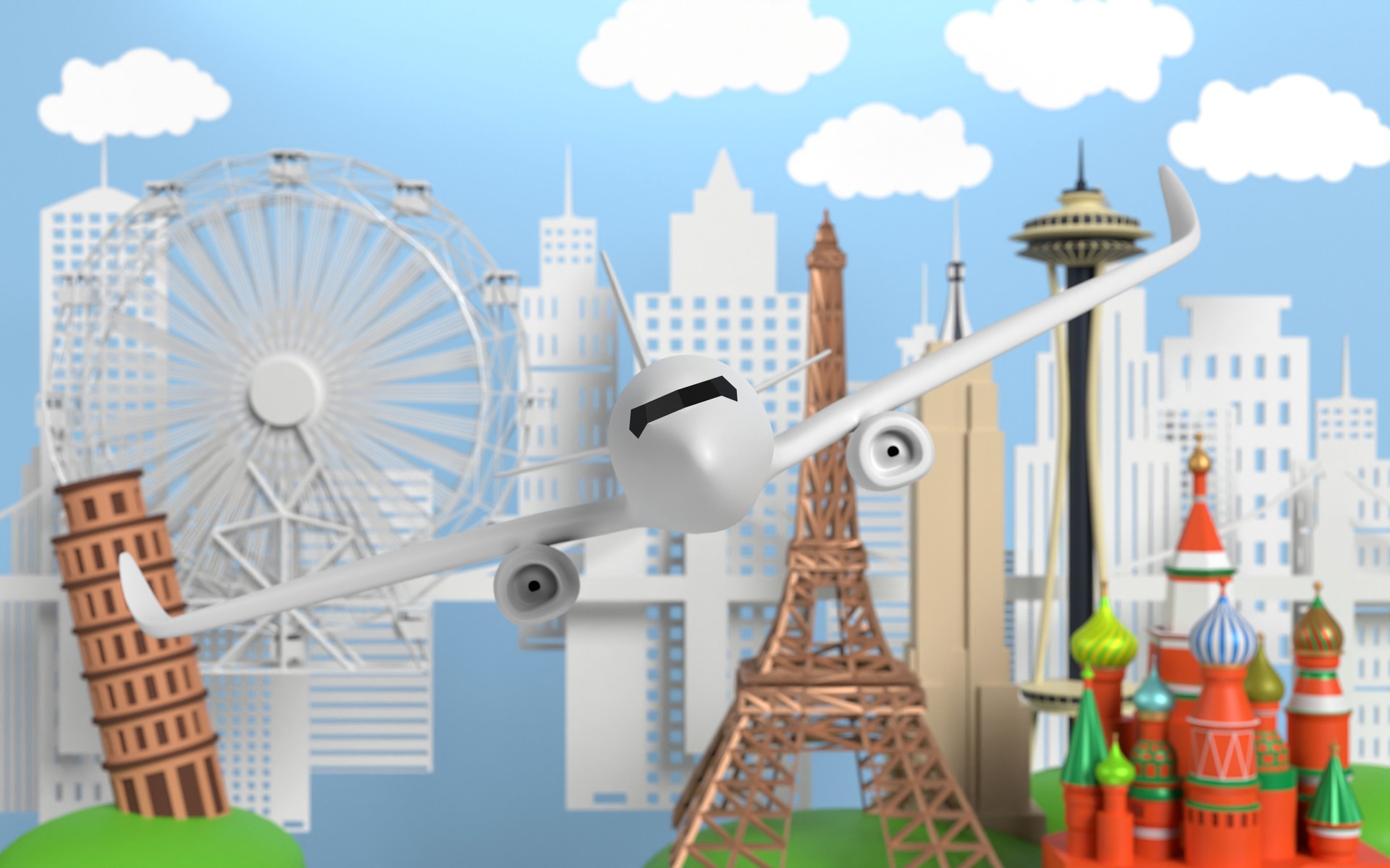 Summer Travel Concept  with Flying Airplane on Blue Sky Background